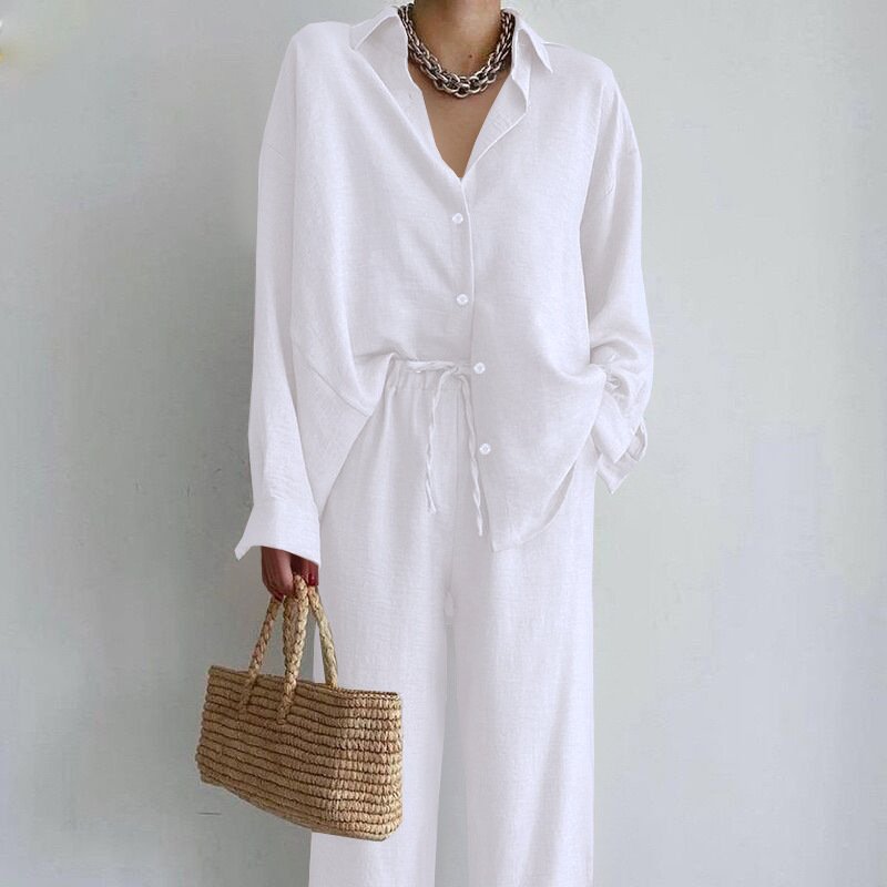 Solid Color Simple Clothing Spring Suit Two Piece Ladies Trouser And Shirt Sets Temperament Long Sleeve Top Straight Leg Pants