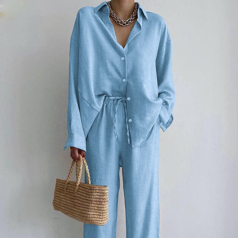 Solid Color Simple Clothing Spring Suit Two Piece Ladies Trouser And Shirt Sets Temperament Long Sleeve Top Straight Leg Pants