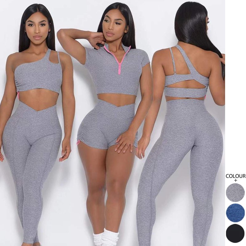 Asymmetrical shoulder strap design Gym Clothing Seamless Yoga Set Scrunch Butt Seamless Yoga Shorts Sets Summer set 4 Piece