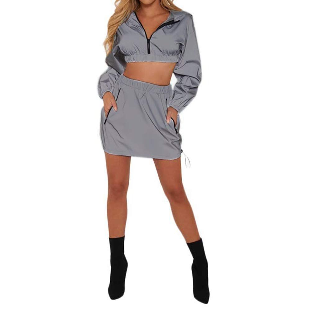Closet Women's 2 Pieces Reflective Crop Top and Mini Skirt Set Tracksuits