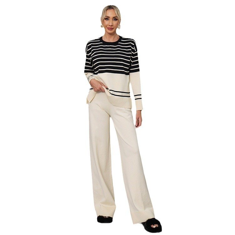 Boutique Wholesale 2024 Autumn New Fashion Striped Knitted Round Neck Sweater Wide Leg Pants Loose Casual Women's Set