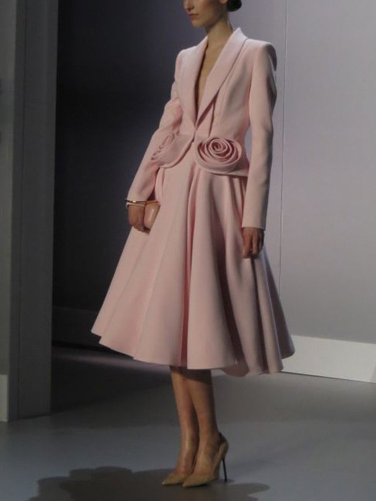 TWOTWINSTYLE Boutique Wholesale Spring Autumn New Deep V-neck Pink 3D Rose Pink Coat High Waist Skirt Women's Set