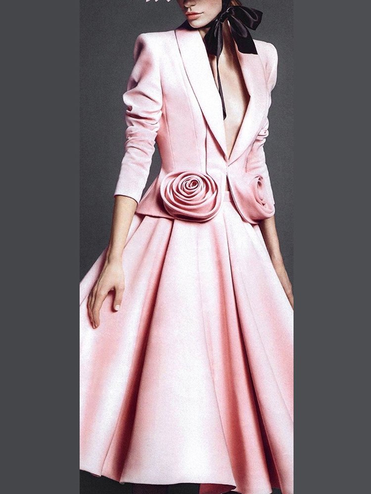 TWOTWINSTYLE Boutique Wholesale Spring Autumn New Deep V-neck Pink 3D Rose Pink Coat High Waist Skirt Women's Set