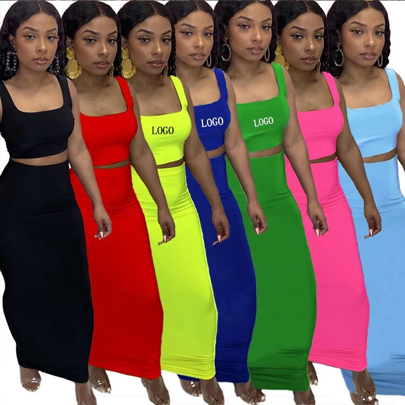 2023 wholesale Custom Logo 2 Piece Set Fashion Sports Women'S Color Matching Slim Top Sexy Culottes Two Piece Skirt Suit Women