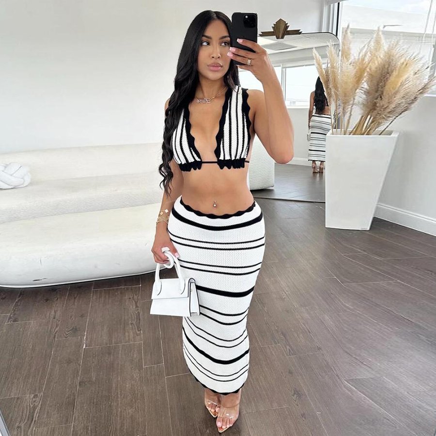 Kliou W24S49263 New Summer Striped 2 Piece Set Women Casual Knitted Two Pieces Sexy Knit Tops+ Skirt Women's Sets