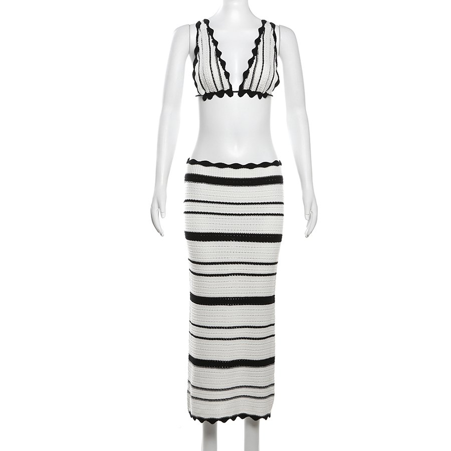 Kliou W24S49263 New Summer Striped 2 Piece Set Women Casual Knitted Two Pieces Sexy Knit Tops+ Skirt Women's Sets