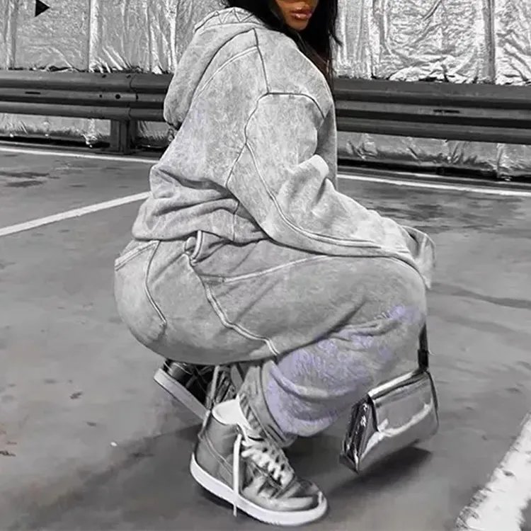 OEM Wholesale Custom Logo Women Outfit 2 Piece Sweatpants Acid Washed 100%Cotton Zip Up Hoodie Set Women Jogging Tracksuits