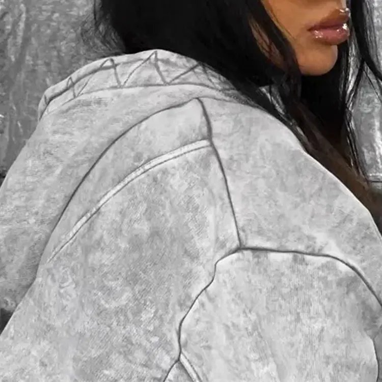 OEM Wholesale Custom Logo Women Outfit 2 Piece Sweatpants Acid Washed 100%Cotton Zip Up Hoodie Set Women Jogging Tracksuits