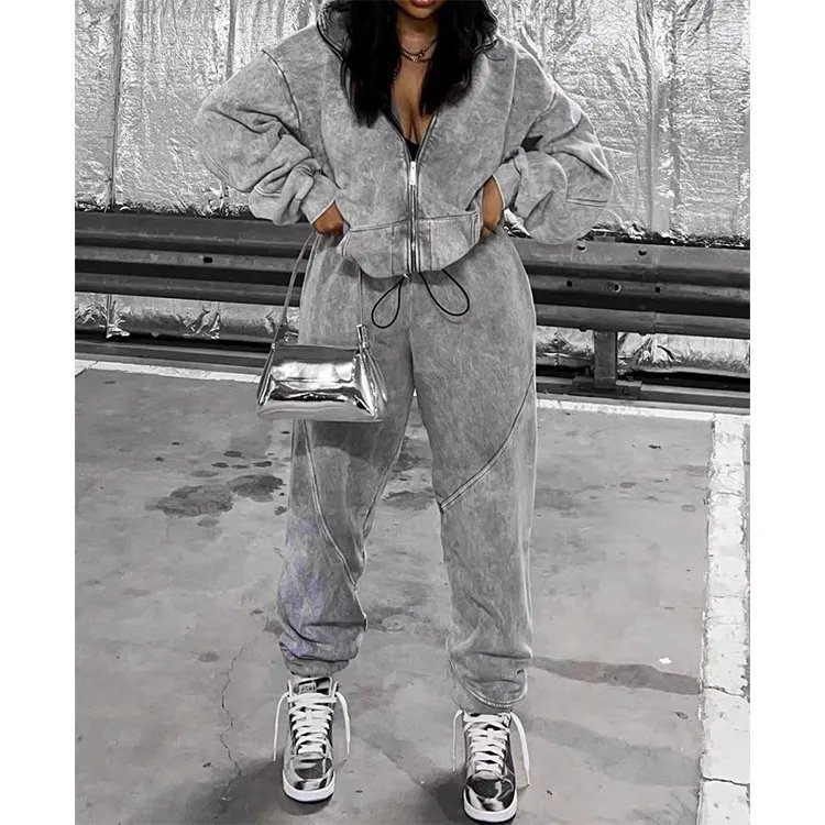OEM Wholesale Custom Logo Women Outfit 2 Piece Sweatpants Acid Washed 100%Cotton Zip Up Hoodie Set Women Jogging Tracksuits