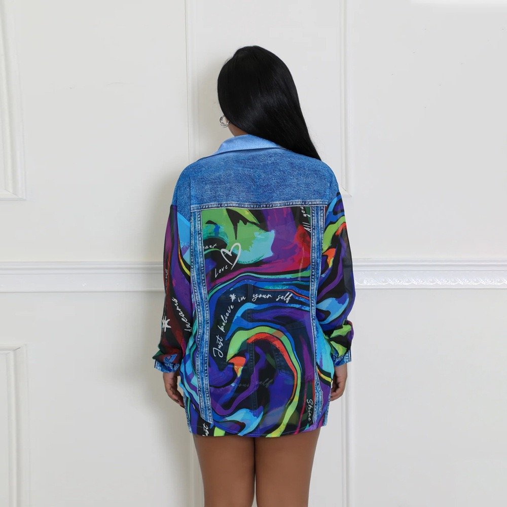 Printed Plus Size Denim Button Coat Skirt Clothing Casual Women's Sets 2 Piece Set Women