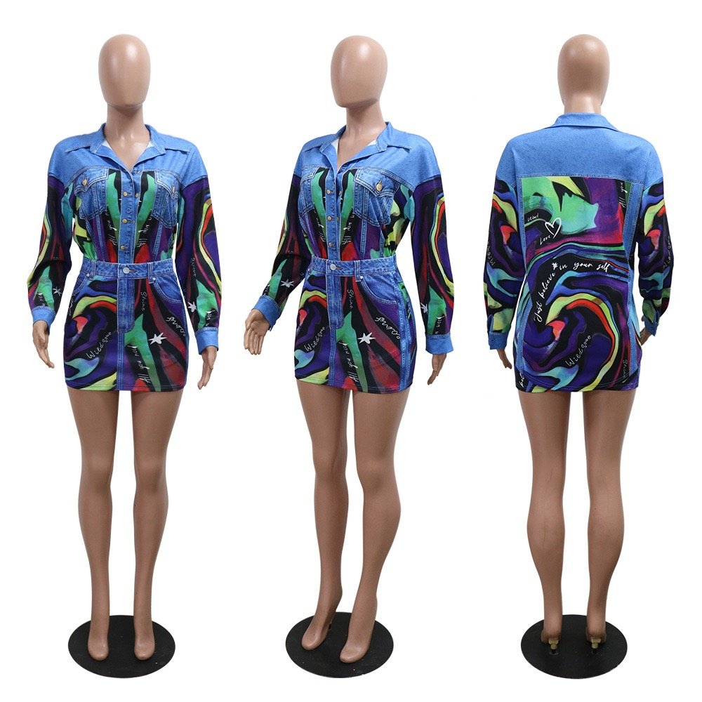 Printed Plus Size Denim Button Coat Skirt Clothing Casual Women's Sets 2 Piece Set Women