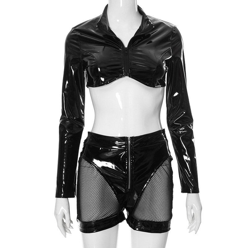 C1878 Women's PU leather sexy zipper short top with hollowed out mesh shorts set