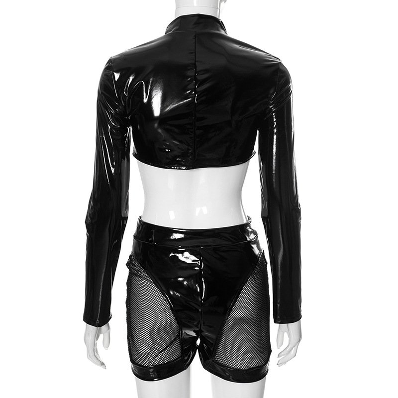C1878 Women's PU leather sexy zipper short top with hollowed out mesh shorts set