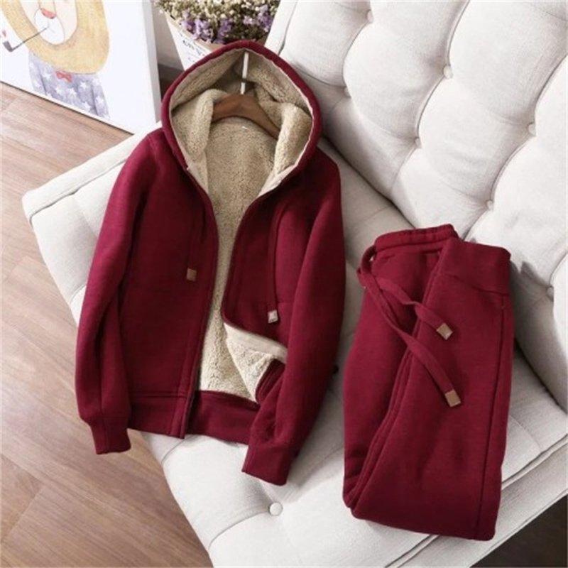 Sports and casual suit winter plus velvet thickened simple solid color long sleeve hooded short coat sweatpants for women