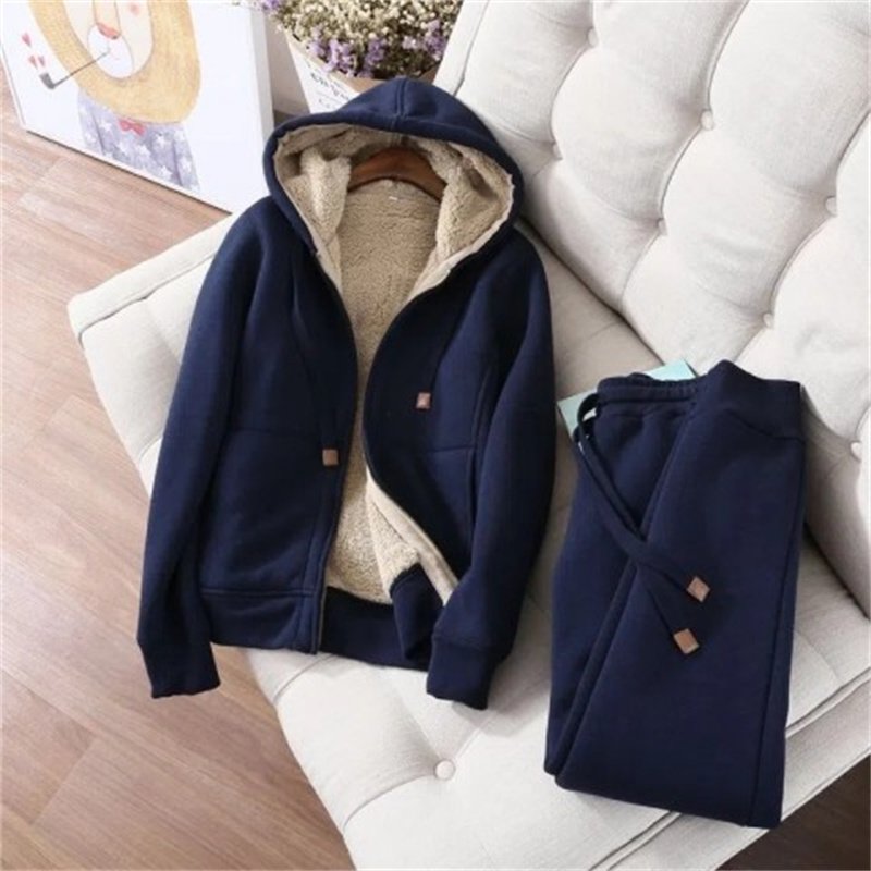 Sports and casual suit winter plus velvet thickened simple solid color long sleeve hooded short coat sweatpants for women