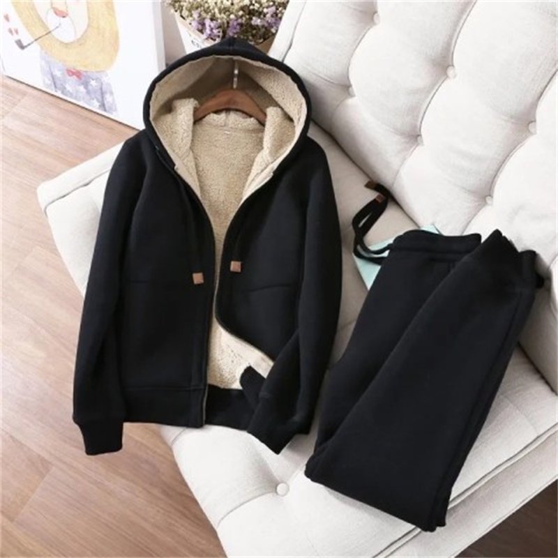 Sports and casual suit winter plus velvet thickened simple solid color long sleeve hooded short coat sweatpants for women