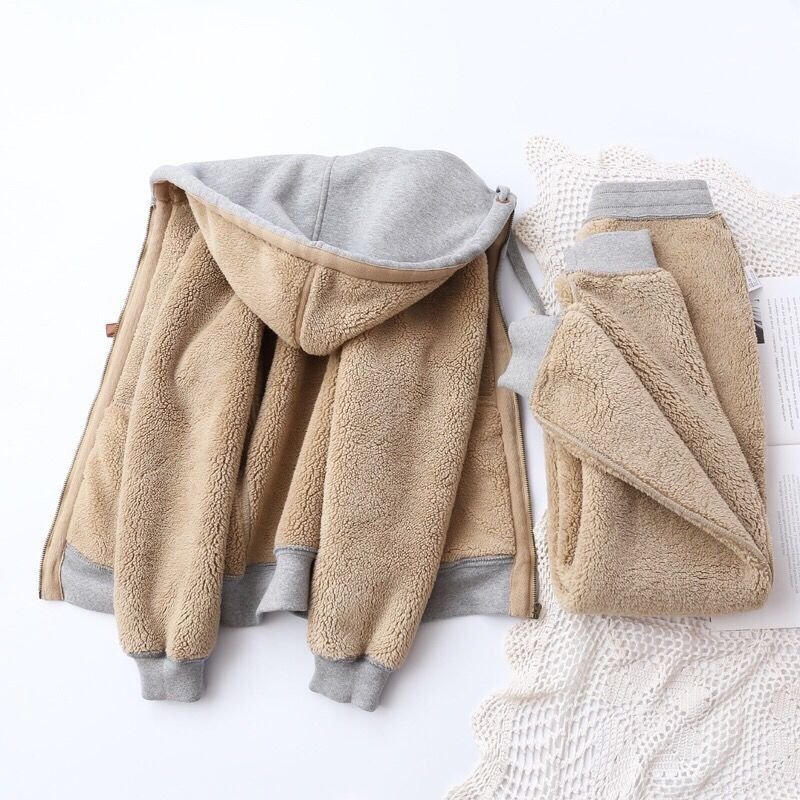 Sports and casual suit winter plus velvet thickened simple solid color long sleeve hooded short coat sweatpants for women