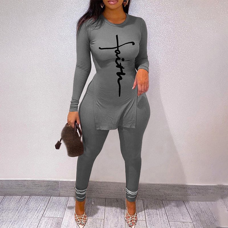 Fall New Casual Printed Split Top And Skinny Pants Ribbed Long Sleeve Two Piece Women's Sets