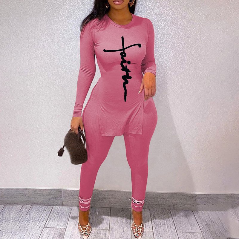 Fall New Casual Printed Split Top And Skinny Pants Ribbed Long Sleeve Two Piece Women's Sets