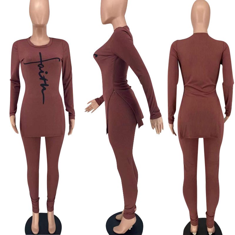 Fall New Casual Printed Split Top And Skinny Pants Ribbed Long Sleeve Two Piece Women's Sets