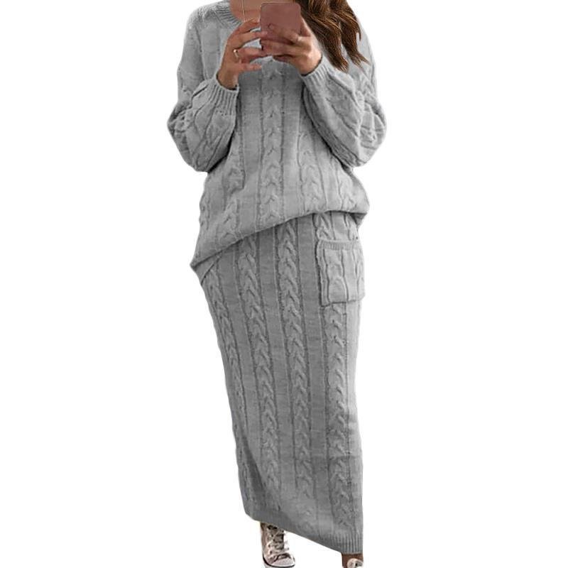 Factory Direct Casual Women's Sweater Suit Autumn Winter Solid Color 2-Piece Set O-Neck Breathable Knitted Women's Clothing