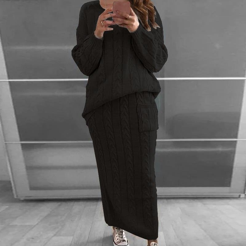 Factory Direct Casual Women's Sweater Suit Autumn Winter Solid Color 2-Piece Set O-Neck Breathable Knitted Women's Clothing