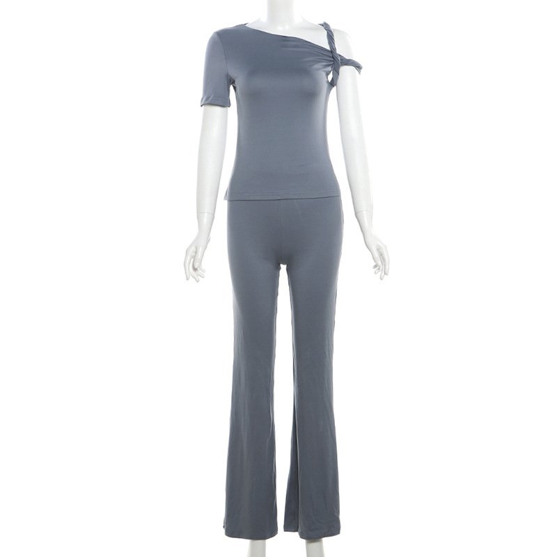 Fashion Sexy Casual Bodycon Irregular Crop Top Shirt Long Flare Pants Matching Sets Two Piece Pants Set Outfit Set Woman
