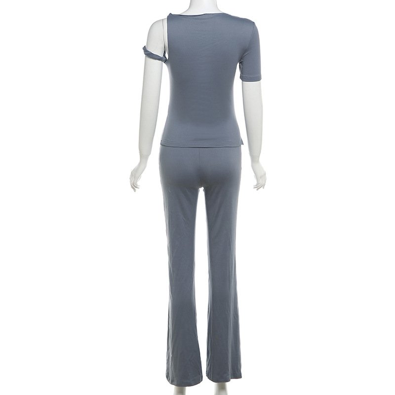 Fashion Sexy Casual Bodycon Irregular Crop Top Shirt Long Flare Pants Matching Sets Two Piece Pants Set Outfit Set Woman