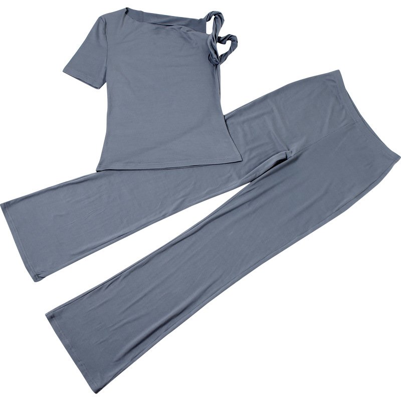 Fashion Sexy Casual Bodycon Irregular Crop Top Shirt Long Flare Pants Matching Sets Two Piece Pants Set Outfit Set Woman