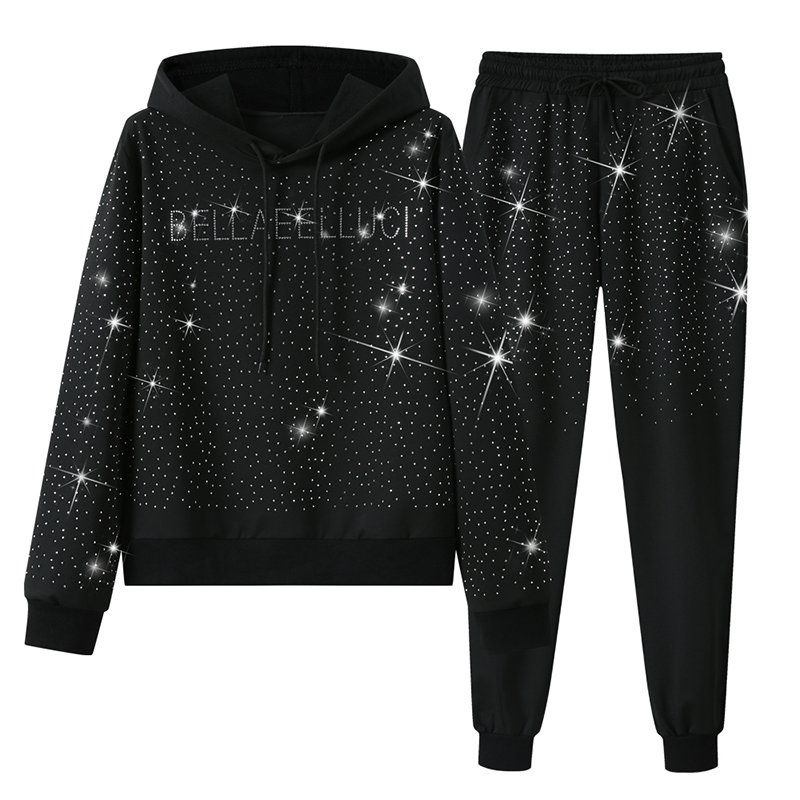 High Quality Two Piece Women Luxury Bling Bling Sweatsuits Set Rhinestone Black Hoodie Clothing Pant Suits