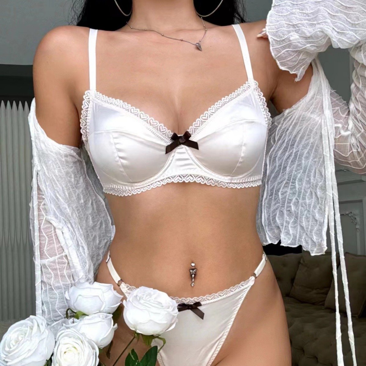 Hot Sale Women's Green Thin Strap Circular Ring Bow Low Rise Nonwoven Weaving Sexy Thong Underwear Homme Set