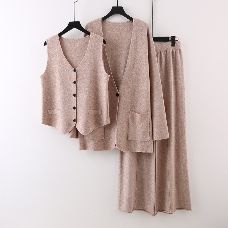 Boutique Wholesale 2024 Autumn New Fashion V-neck Knitted Cardigan Vest Wide Leg Pants Women's Set