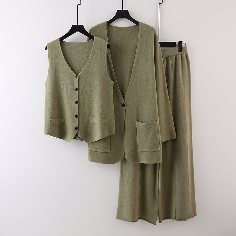 Boutique Wholesale 2024 Autumn New Fashion V-neck Knitted Cardigan Vest Wide Leg Pants Women's Set