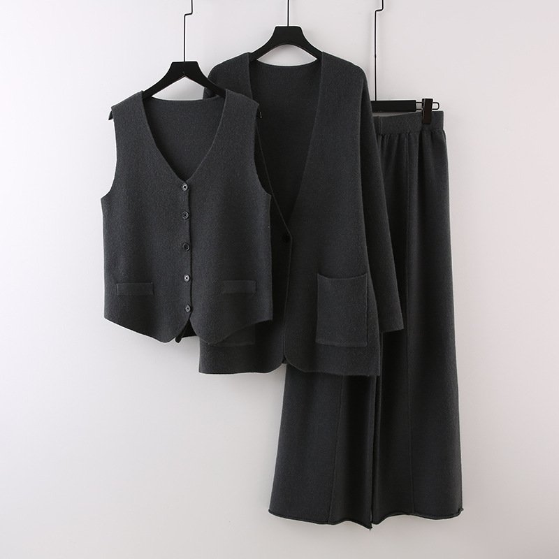 Boutique Wholesale 2024 Autumn New Fashion V-neck Knitted Cardigan Vest Wide Leg Pants Women's Set