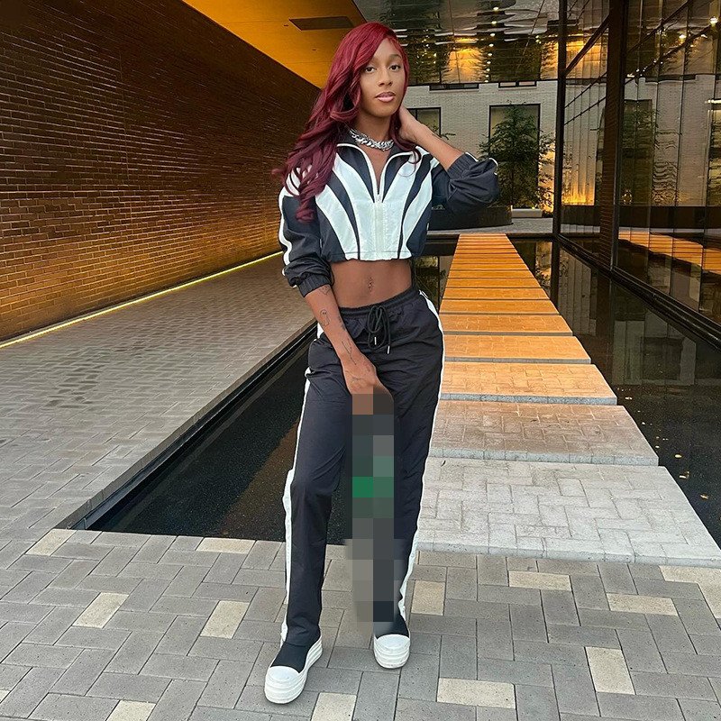 Casual Sport Color Block Fitness Training & Jogging Drawstring Jacket Top Pant Two 2 Piece Set Pant Set Track Suit Women's Sets