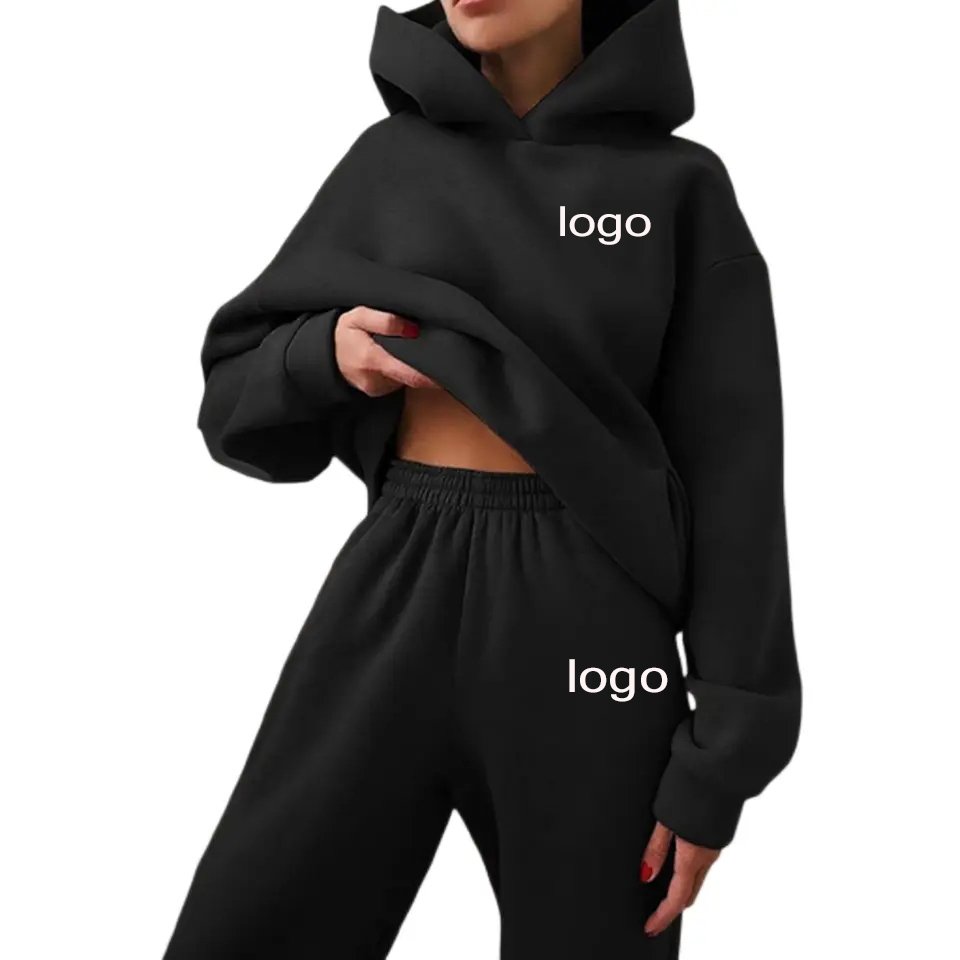 2023 Customized Blank Design High Quality Plus Size Women's Hooded Sweatshirt wholesale 2-piece Set Sweatpants and Hoodie Set