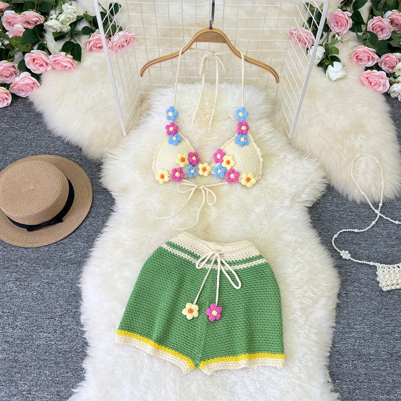 Peeqi 0950 sweater rib knit Tie up hook flower small flower yarn sexy bikini bra and shorts two piece set women 2 piece outfits