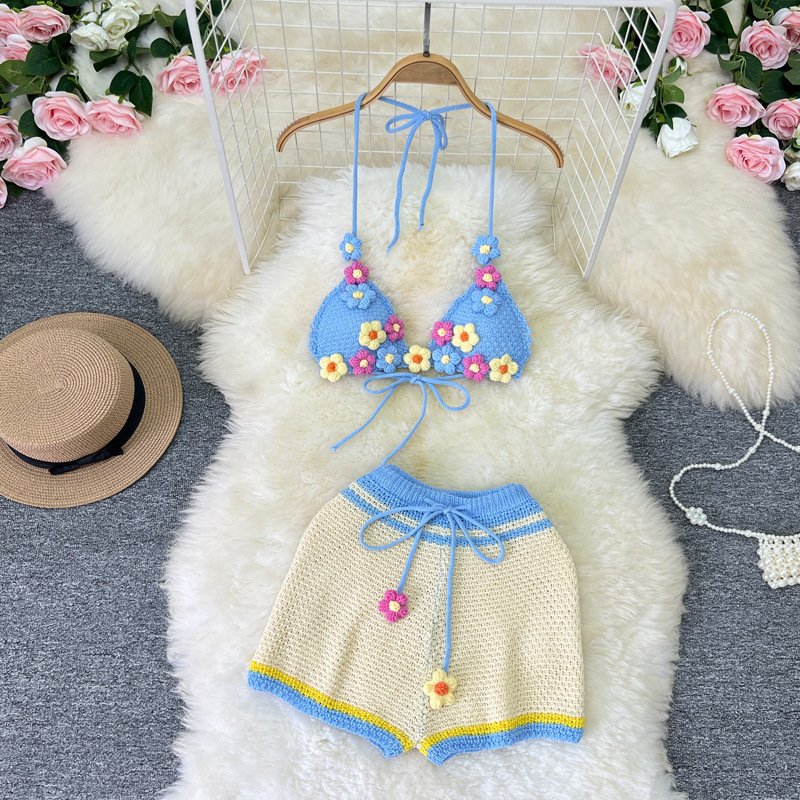 Peeqi 0950 sweater rib knit Tie up hook flower small flower yarn sexy bikini bra and shorts two piece set women 2 piece outfits