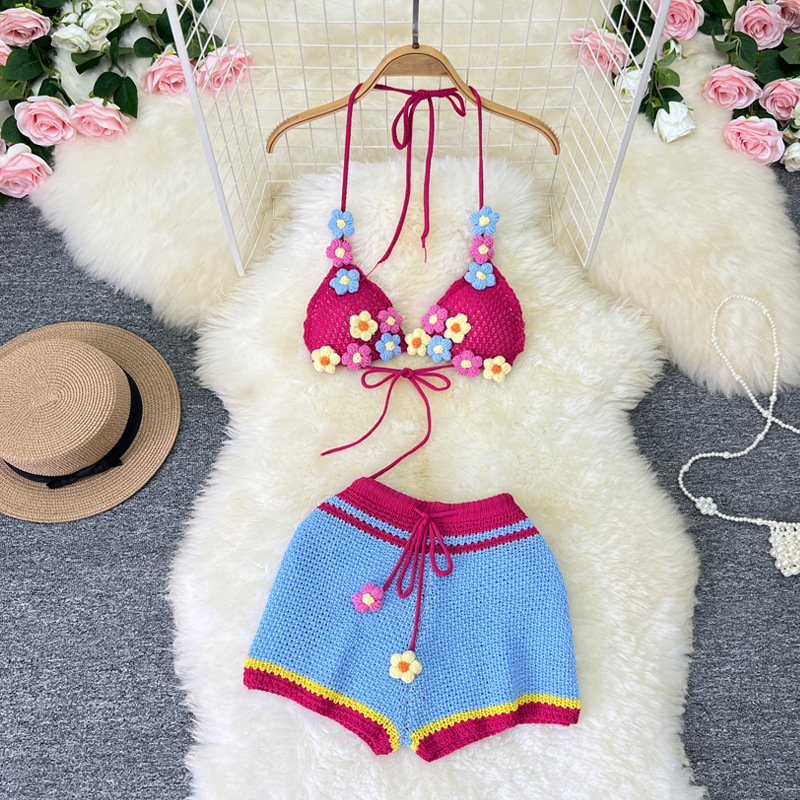 Peeqi 0950 sweater rib knit Tie up hook flower small flower yarn sexy bikini bra and shorts two piece set women 2 piece outfits