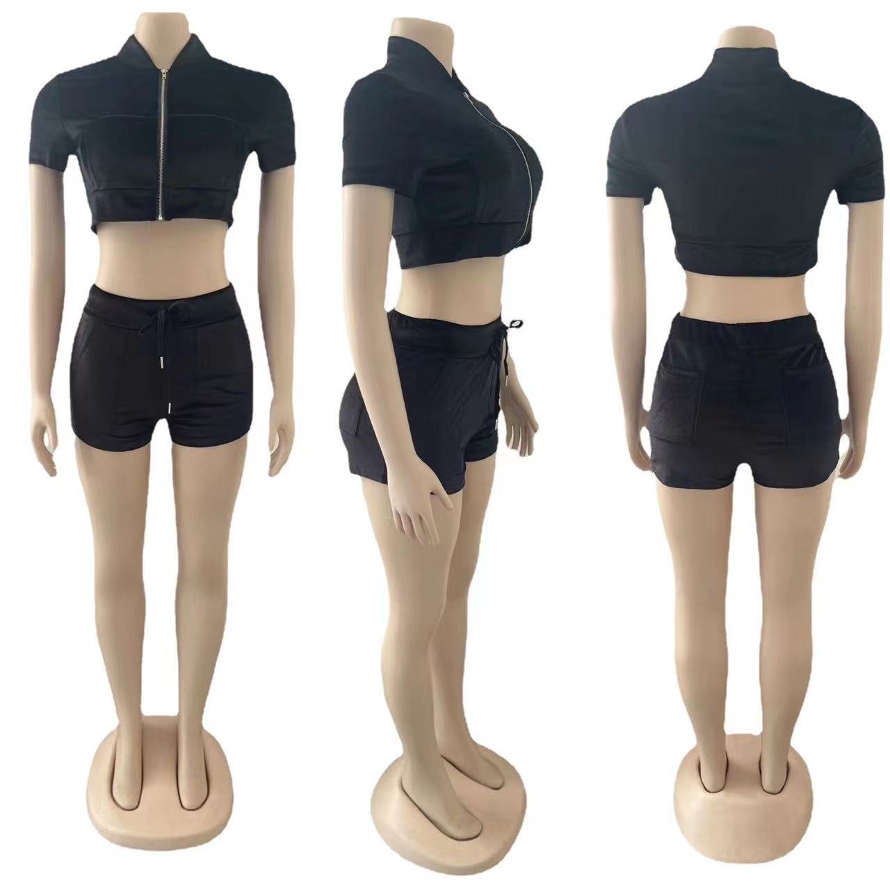 Custom Rhinestone LOGO Summer Outfit Crop Short Sleeve Full Zip Up Velvet Women Tracksuit Jogger Shorts Two 2 piece Women's Set