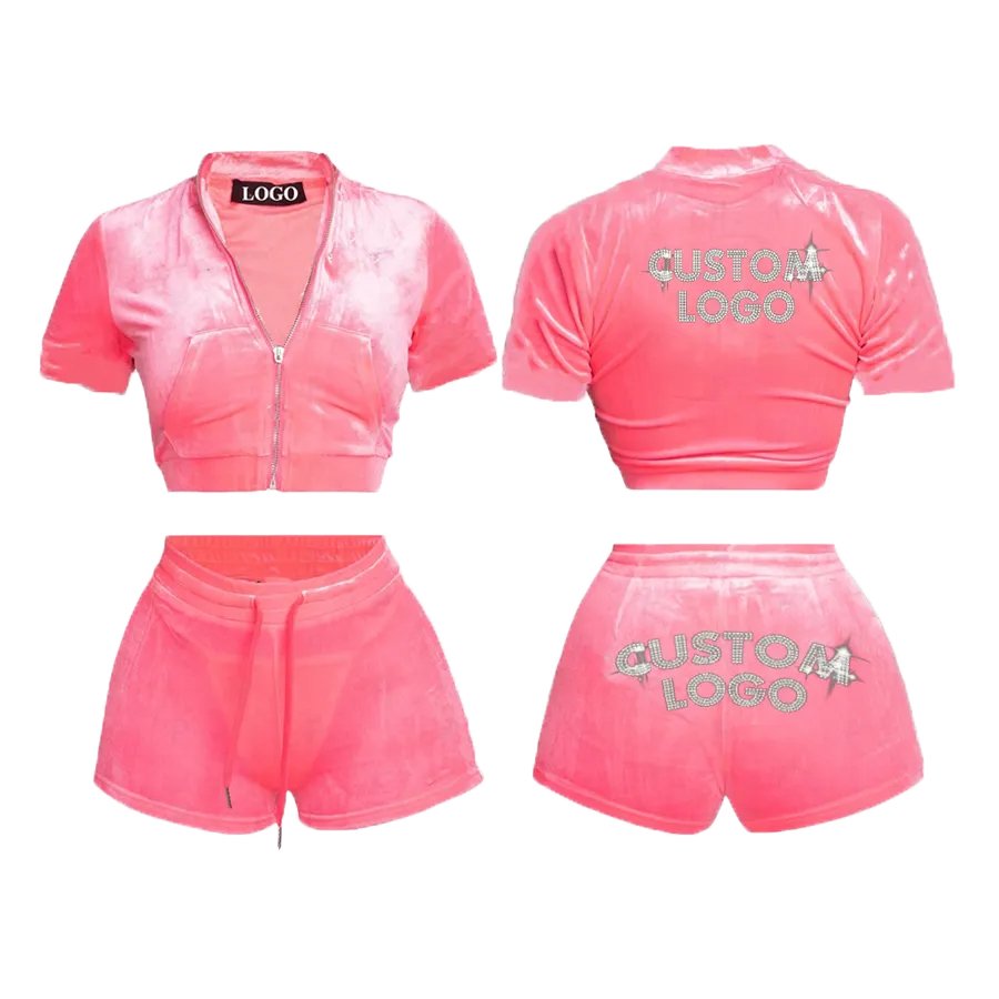 Custom Rhinestone LOGO Summer Outfit Crop Short Sleeve Full Zip Up Velvet Women Tracksuit Jogger Shorts Two 2 piece Women's Set