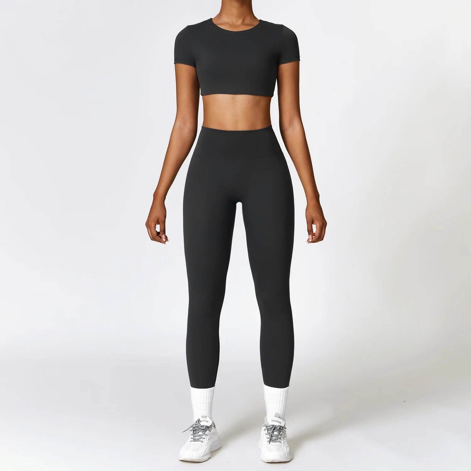Women Open Back Top High Waist Shorts Yoga Suit Lady Short Sleeve Tee Tight Pant Gym Sets Female High Stretch Sports Tracksuit