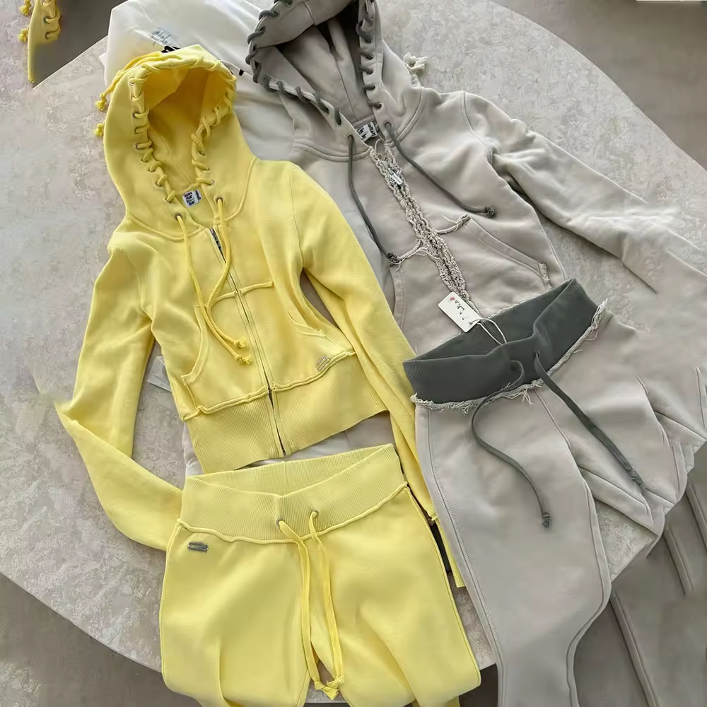 Custom Cotton Knit Y2k Flared Stack Jogging Tracksuits Female Cropped Slim Fit Hoodie Set Skinny Distressed Sweatsuit Women