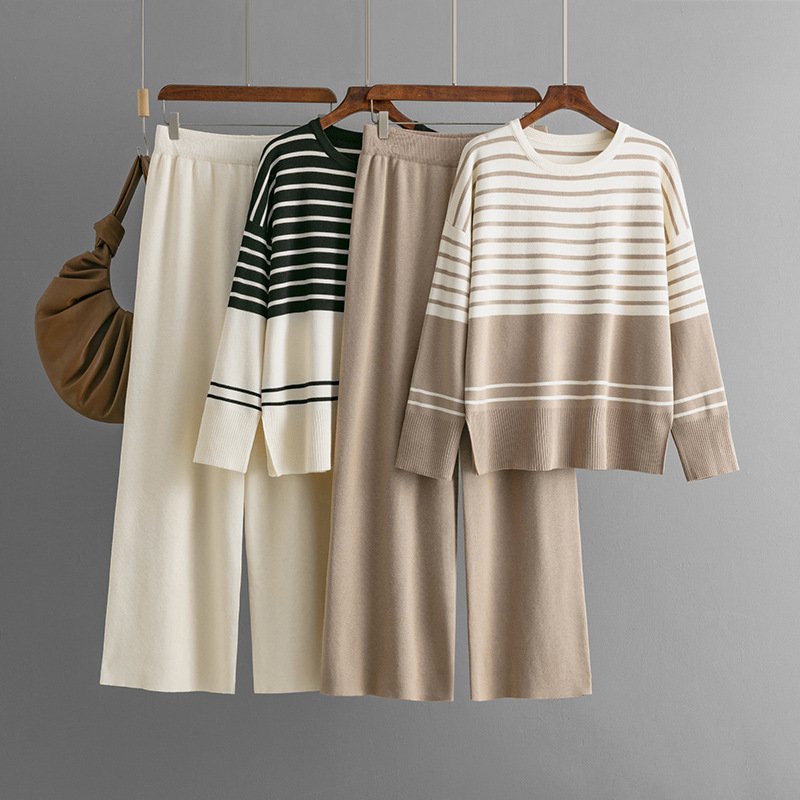Boutique Wholesale 2024 Autumn New Striped Knitted Round Neck Sweater Loose Casual Fashion Women's Set