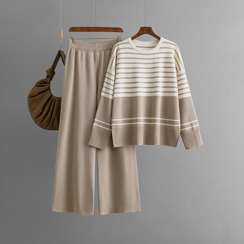 Boutique Wholesale 2024 Autumn New Striped Knitted Round Neck Sweater Loose Casual Fashion Women's Set