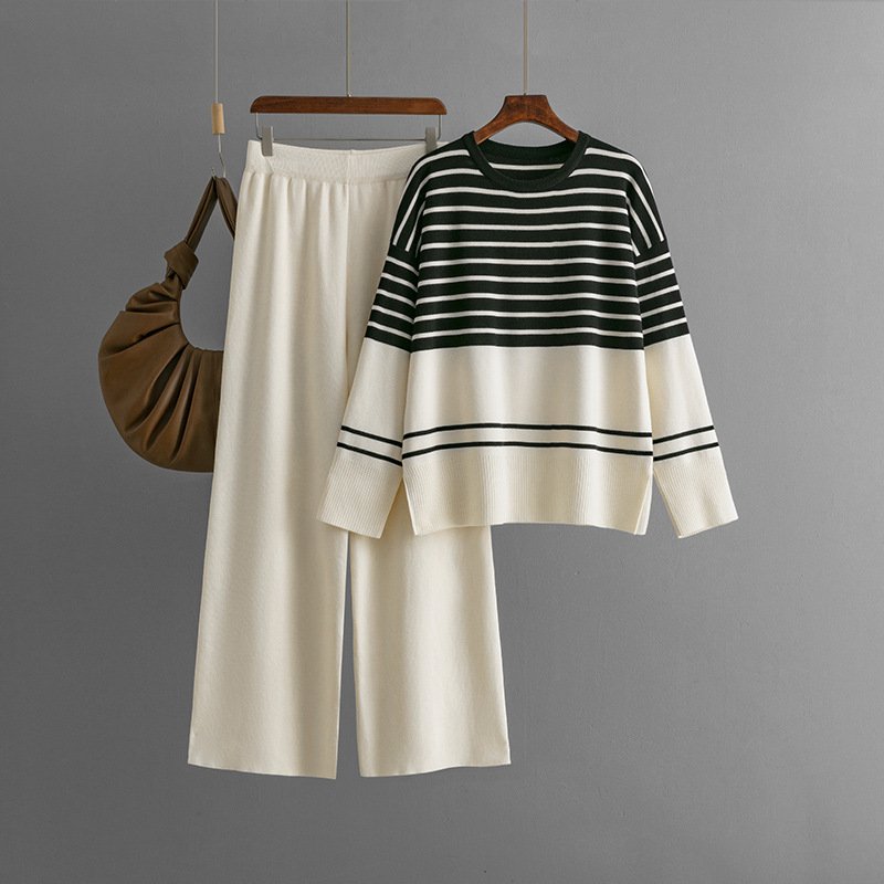 Boutique Wholesale 2024 Autumn New Striped Knitted Round Neck Sweater Loose Casual Fashion Women's Set