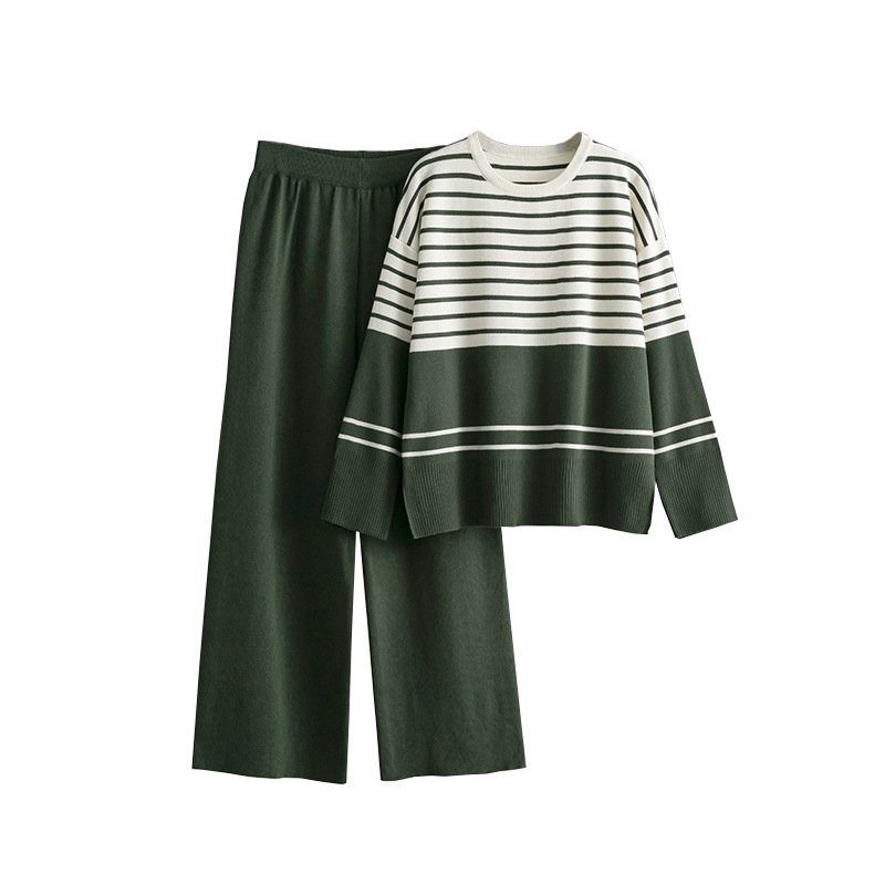 Boutique Wholesale 2024 Autumn New Striped Knitted Round Neck Sweater Loose Casual Fashion Women's Set