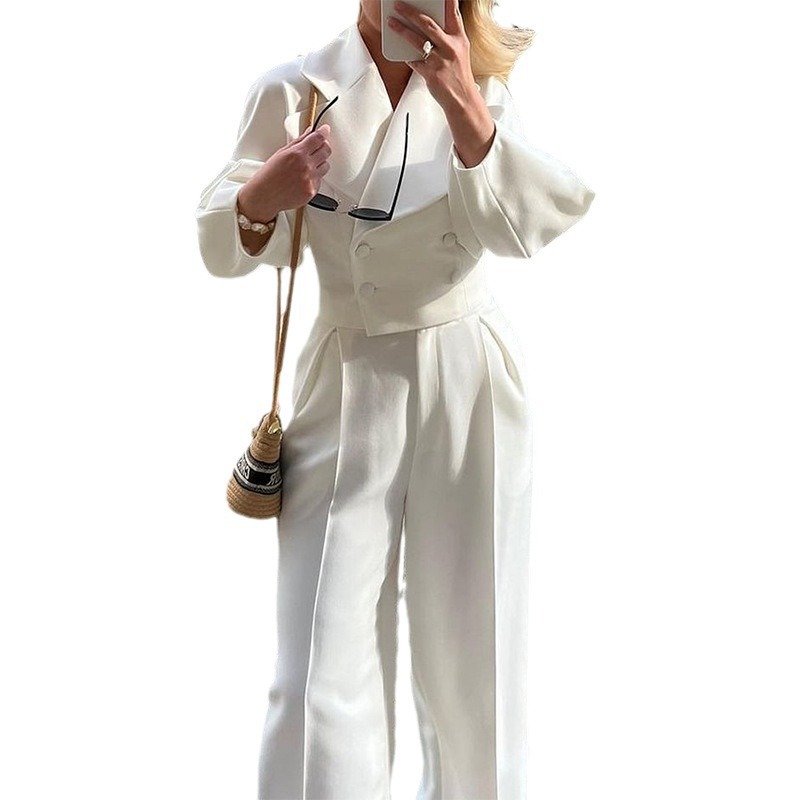Boutique Wholesale 2024 Autumn New Season Solid Color Flip Collar Waist Waist Slimming Suit Temperament Commuting Women's Set