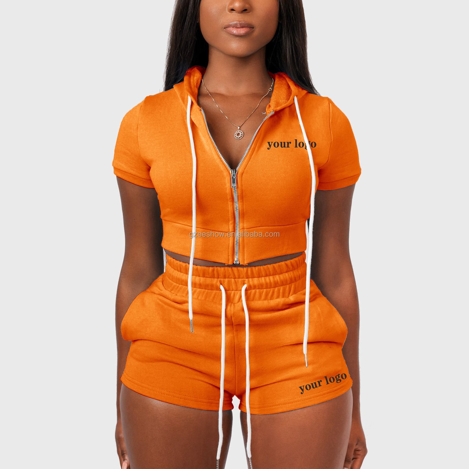 Summer Women's Two Piece Custom Logo Hoodie Short Set Women Zip Up Hooded Crop Top Hoodie Sweatshirt And Sweat Shorts
