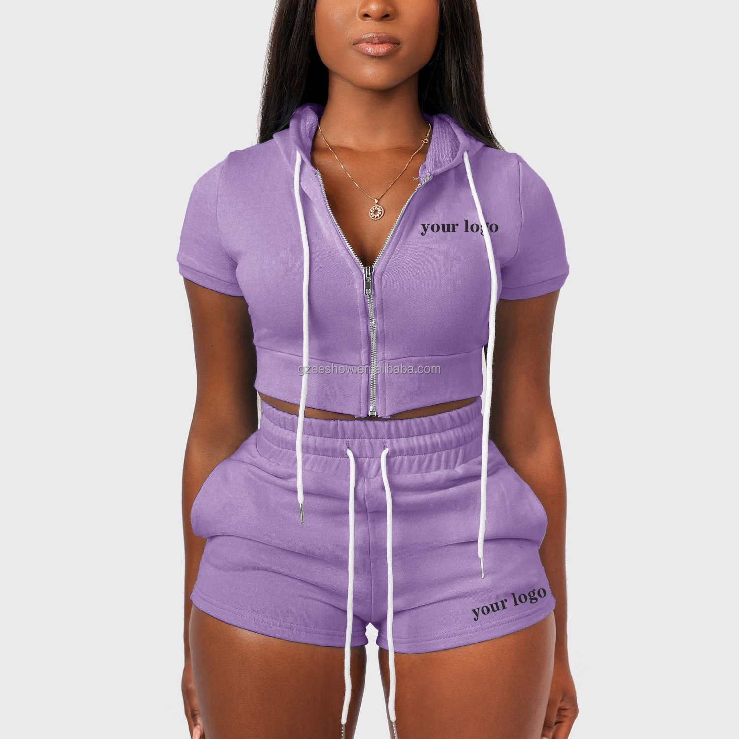 Summer Women's Two Piece Custom Logo Hoodie Short Set Women Zip Up Hooded Crop Top Hoodie Sweatshirt And Sweat Shorts
